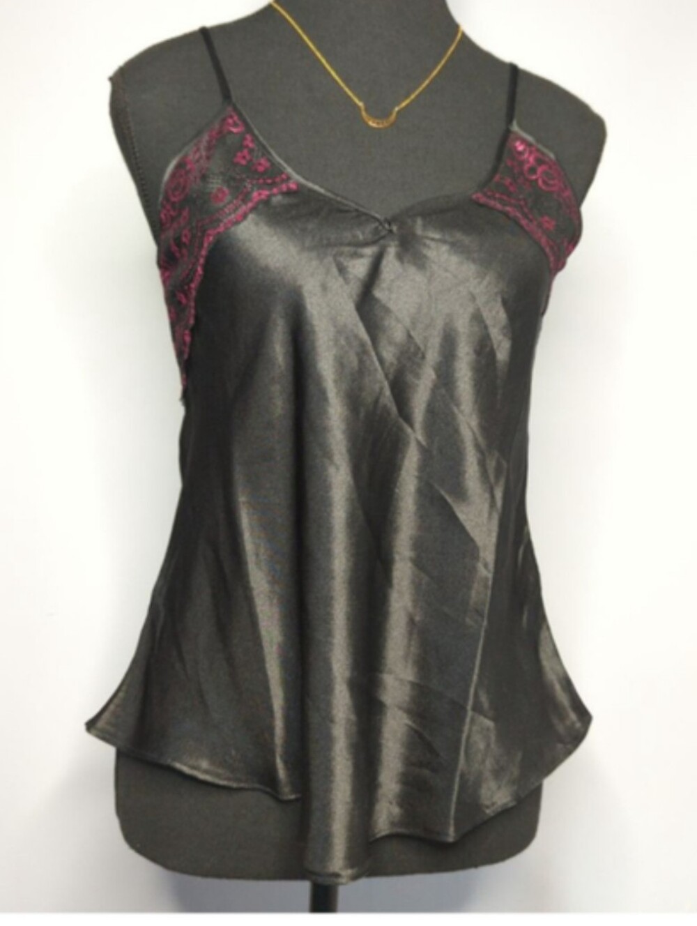 Sisi Black Satin Y2K Tie-back Cami w Pink Lace Detail Sz L